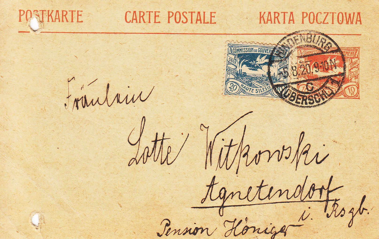 imagen-13-9813.jpg CRCAR295 ENTERO POSTAL DE ALTA SILESIA COMPLEMENTADO CON SELLO DE 20 PF. MATASELLOS HINDEMBURG 05-08-20 - Imagen 1