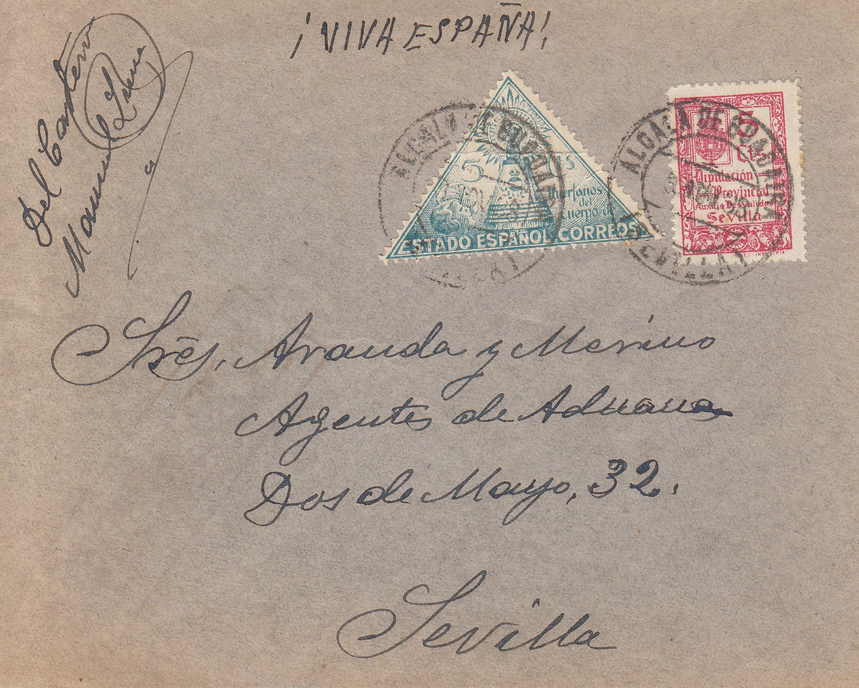 imagen-13-9933.jpg CRCAR298 SOBRE CON CENSURA MILITAR DE ALCALA DE GUADAIRA, CON SELLO Nº 20 DE BENEFICIENCIA Y LOCAL Nº 834 DE SEVILLA - Imagen 1