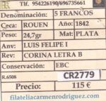 CR2779 MONEDA FRANCIA 5 FRANCOS 1842 EBC PLATA VER FOTOS - Imagen 3