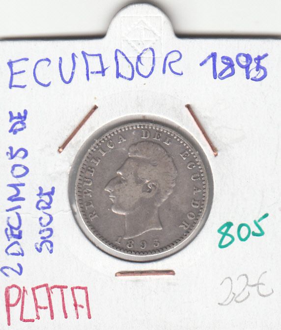 CR0805 CR0805 MONEDA ECUADOR 2 DECIMAS DE SUCRE 1895 PLATA - Imagen 1
