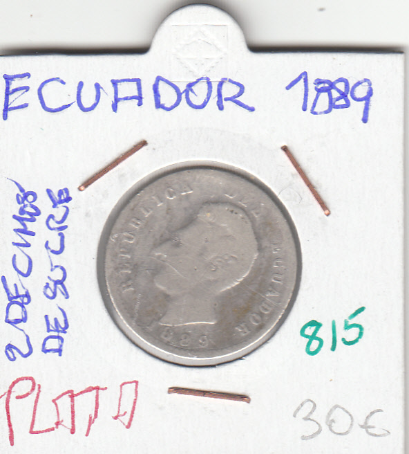 CR0815 CR0815 MONEDA ECUADOR 2 DECIMAS DE SUCRE 1889 PLATA - Imagen 1