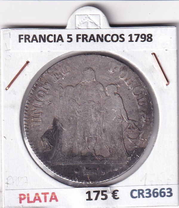 CR3663 CR3663 MONEDA FRANCIA 5 FRANCOS 1798 BURDEOS L'AN 7 RARA PLATA - Imagen 1