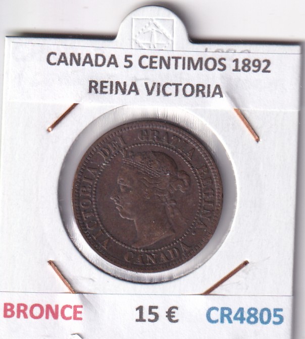 CR4805 CR4805 MONEDA CANADA 5 CENTIMOS 1892 REINA VICTORIA BRONCE - Imagen 1