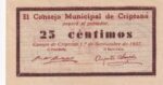 CRBL0212 BILLETE LOCAL ESPAÑA CRIPTANA (CIUDAD REAL) 25 CENTIMOS 1937 MBC