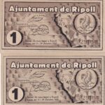 CRBL0492 2 BILLETES LOCAL ESPAÑA RIPOLL 1 PESETA 1937 MISMO NUMERO S/C