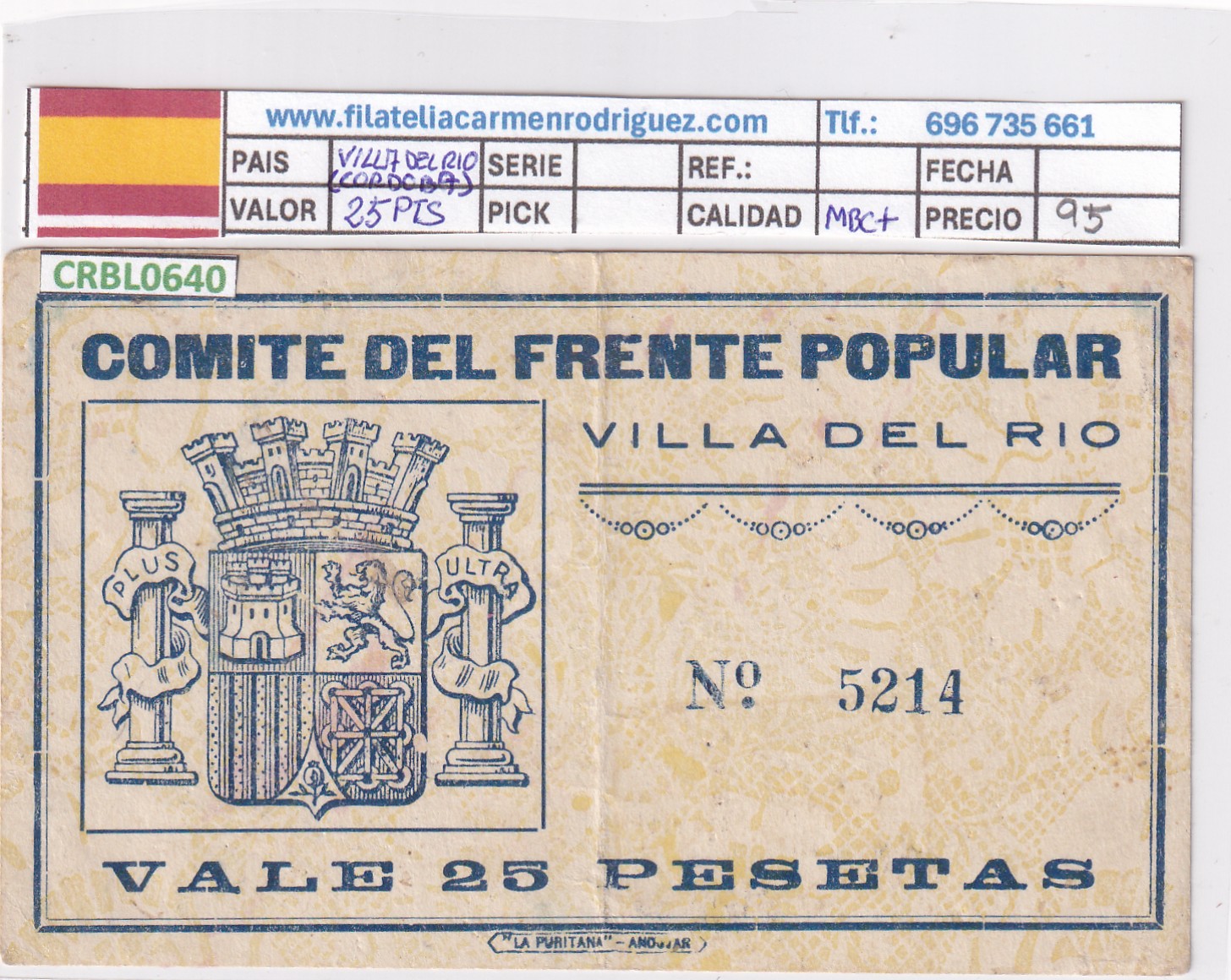 CRBL0640 CRBL0640 BILLETE ESPAÑA LOCAL VILLA DEL RIO 25 PESETAS MBC+ - Imagen 1