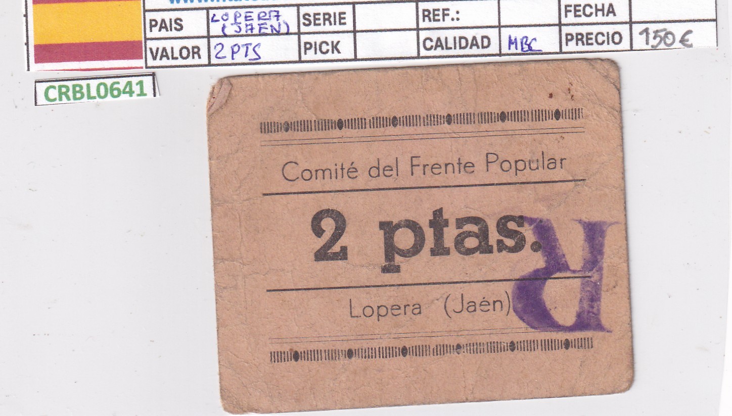 CRBL0641 CRBL0641 BILLETE ESPAÑA LOCAL LOPERA (JAEN) 2 PESETAS MBC - Imagen 1