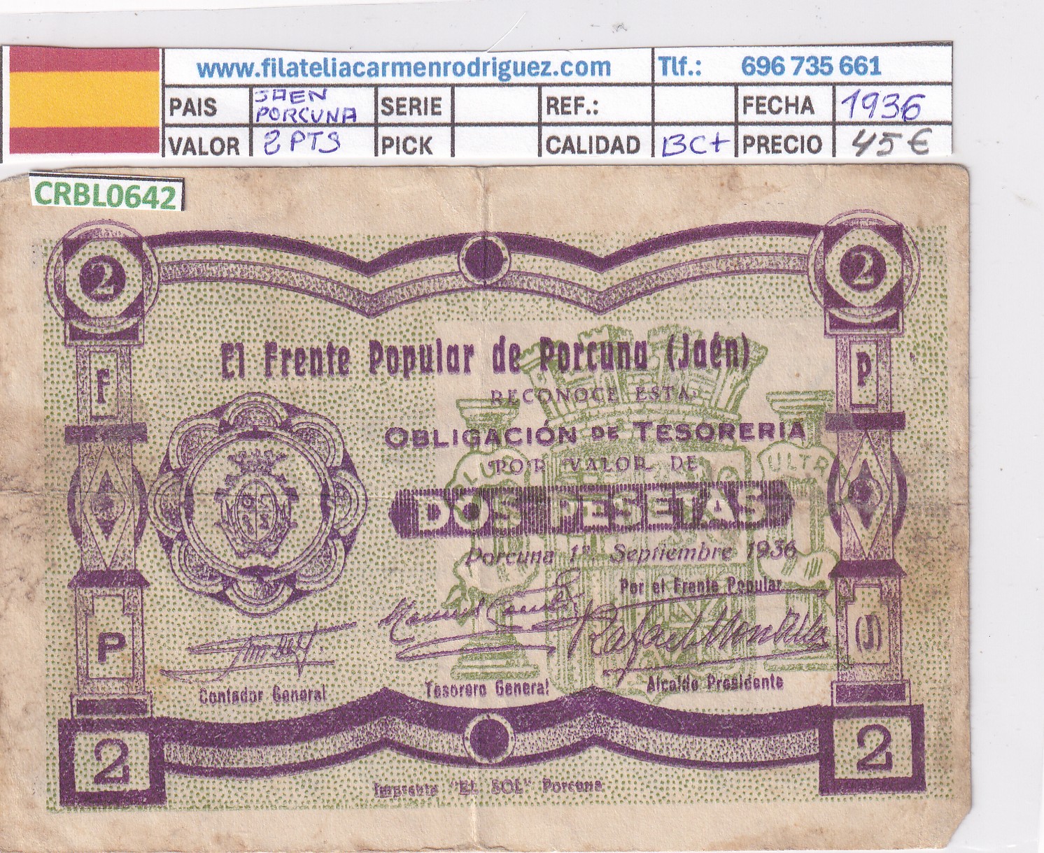 CRBL0642 CRBL0642 BILLETE ESPAÑA LOCAL PORCUNA (JAEN) 2 PESETAS 1936 BC+ - Imagen 1