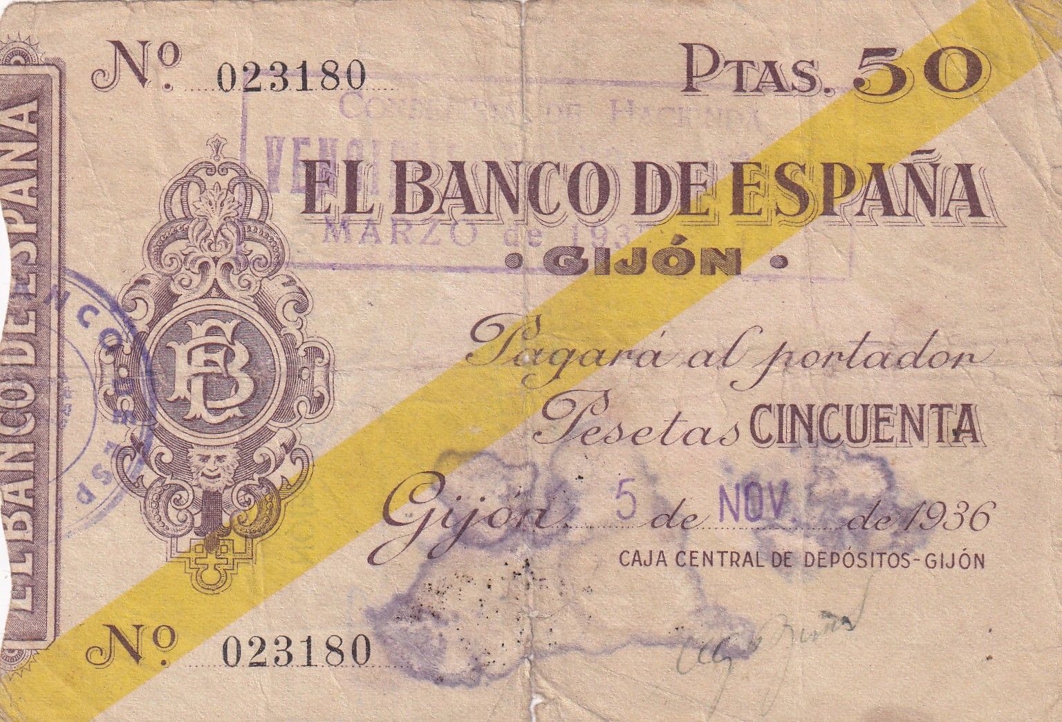 CRBL0648 CRBL0648 BILLETE ESPAÑA LOCAL GIJON 50 PESETAS 1936 MC CON ROTURA - Imagen 1