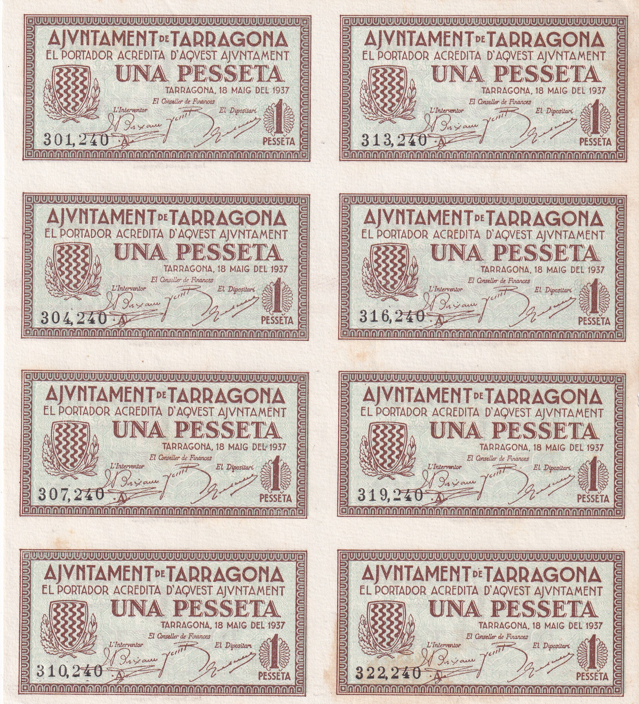 CRBL0652 CRBL0652 BILLETE ESPAÑA LOCAL 8 BILLETES UNCUT TARRAGORA SIN CIRCULAR - Imagen 1