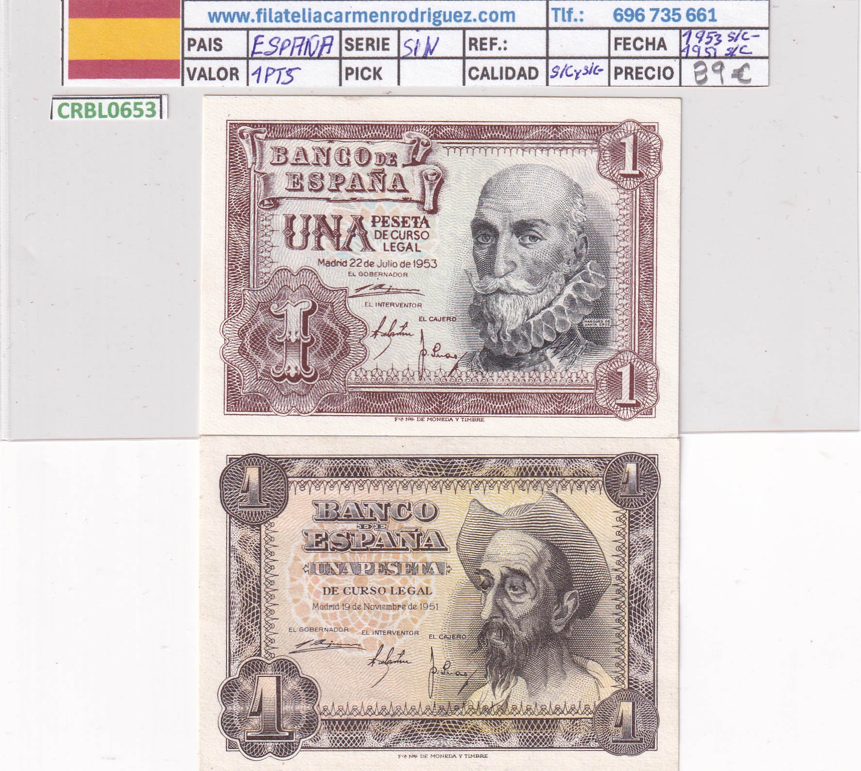 CRBL0653 CRBL0653 LOTE 2 BILLETES ESPAÑA 1 PESETA 1951 1953 S/C- Y S/C SIN SERIE - Imagen 1