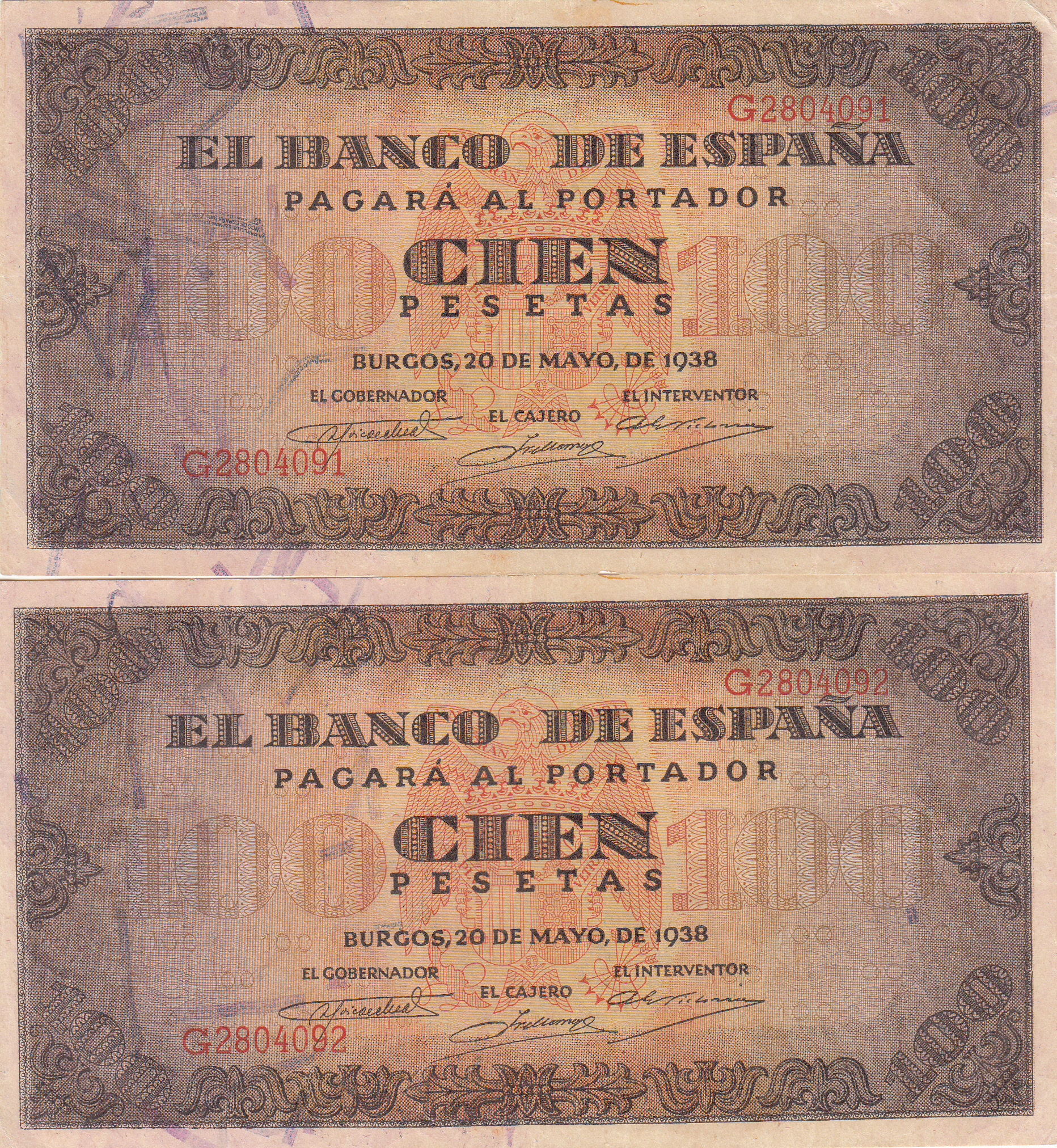 CRBP0008 CRBP0008 PAREJA CORRELATIVA BILLETES 100 PESETAS 1938 SIN CIRCULAR (VER DETALLE) - Imagen 1