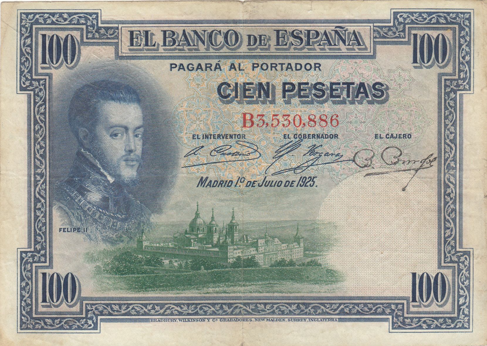 CRBS0263 CRBS0263 BILLETE ESPAÑA 100 PESETAS 1925 SERIE B DOBLE RESELLO MBC+ - Imagen 1