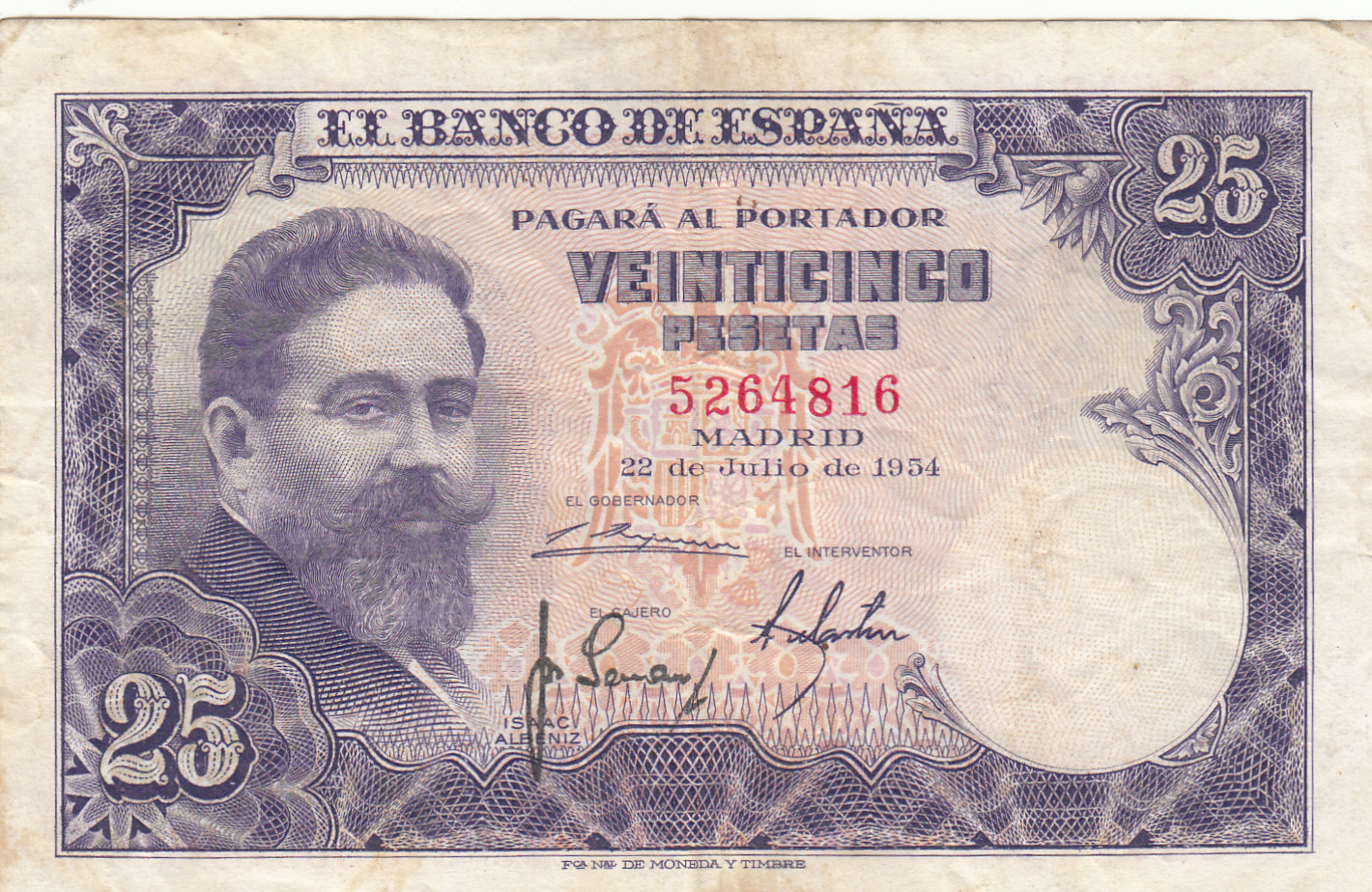CRBS0294 CRBS0294 BILLETE ESPAÑA 25 PESETAS 1954 SIN SERIE MBC - Imagen 1