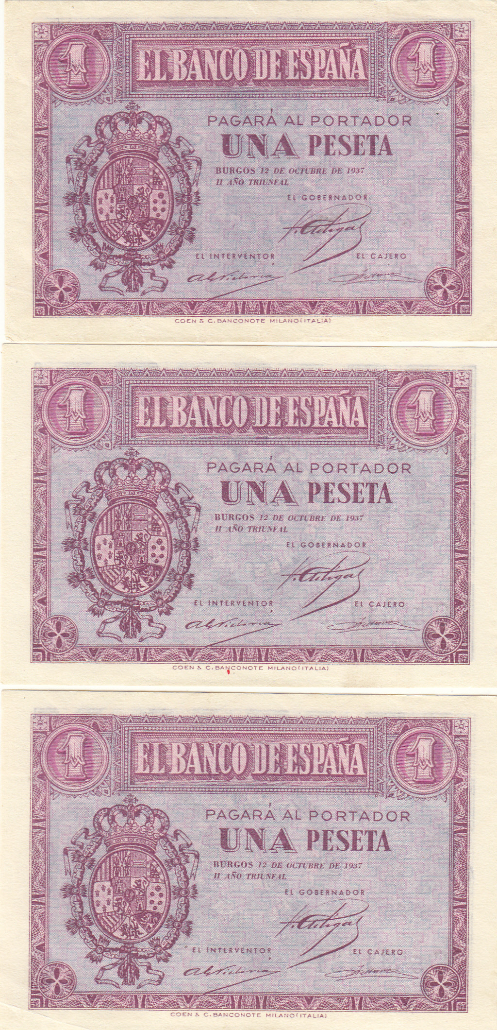 CRBS0961 CRBS0961 TRIO CORRELATIVO BILLETES ESPAÑA 1 PESETA 1937 SERIE E SIN CIRCULAR - Imagen 1