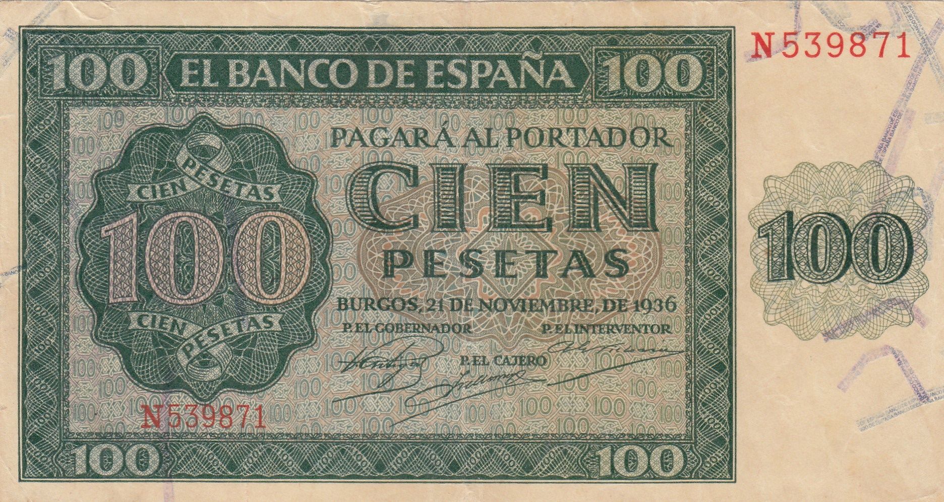 CRBS1217 CRBS1217 BILLETE ESPAÑA 100 PESETAS 1936 SERIE N MBC - Imagen 1