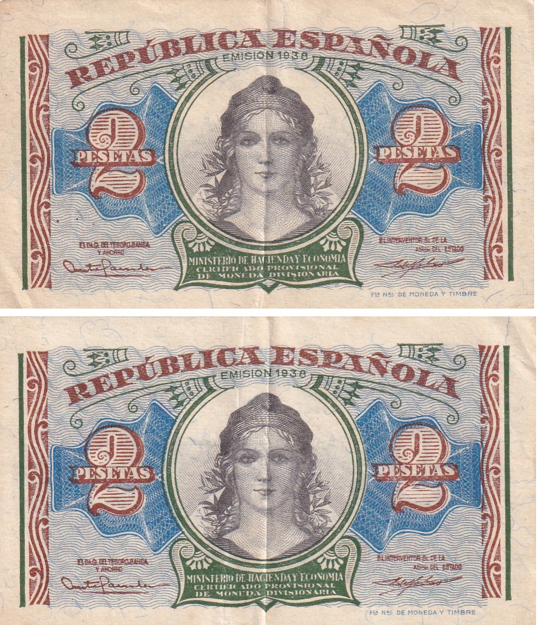 CRBS1920 CRBS1920 PAREJA CORRELATIVA BILLETES ESPAÑA 2 PESETAS 1938 SERIE A MBC+ - Imagen 1