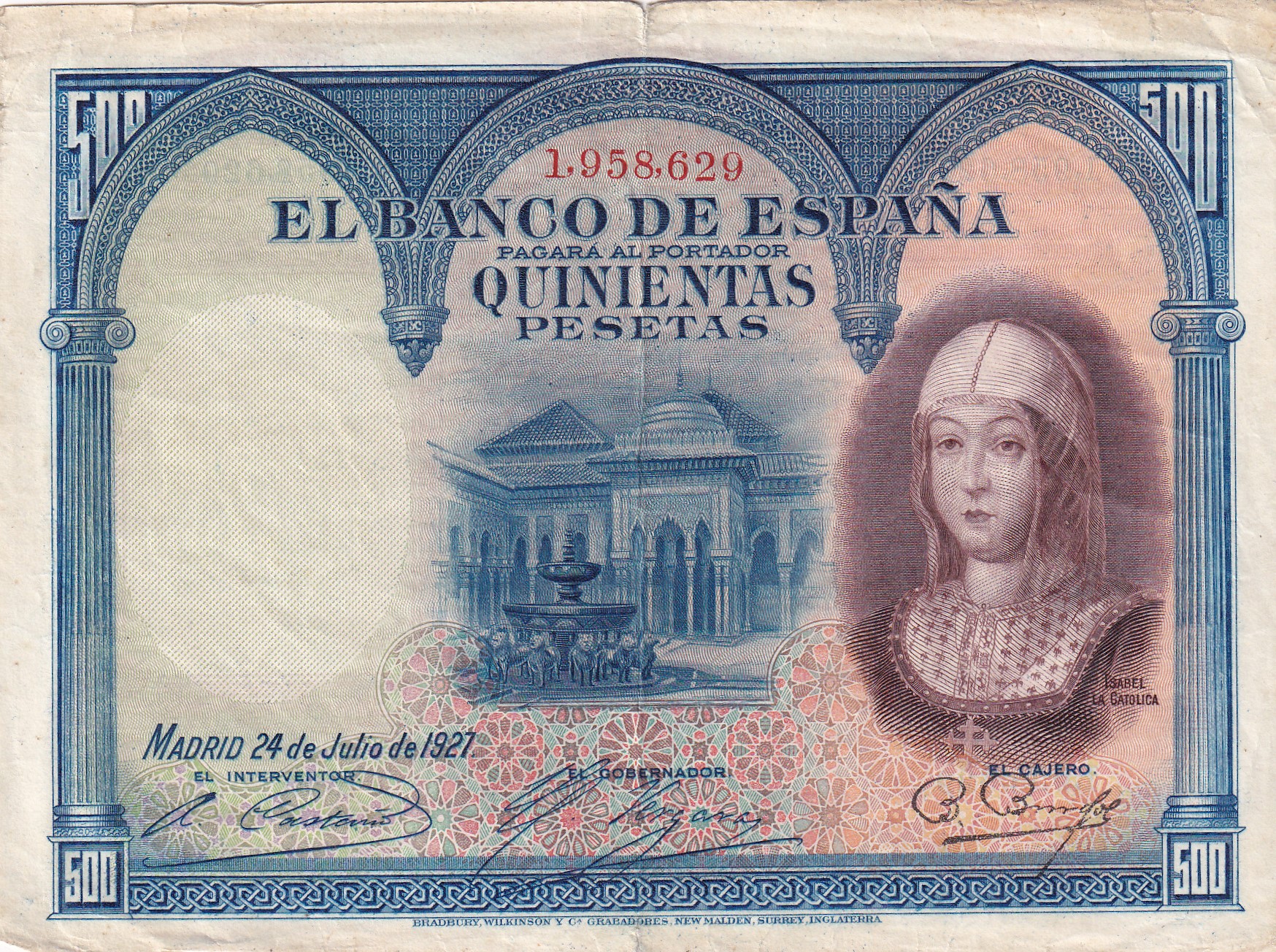 CRBS1927 CRBS1927 BILLETE ESPAÑA 500 PESETAS 1927 SIN SERIE BC - Imagen 1