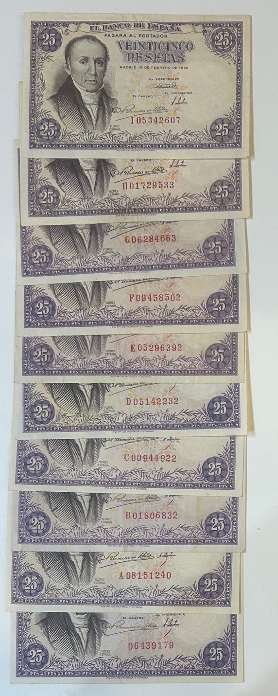 CRBS1973 CRBS1973 LOTE 10 BILLETES ESPAÑA 25 PESETAS 1946 DIFERENTES SERIES EBC EBC+ - Imagen 1
