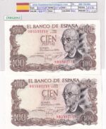 CRBS2042 BILLETE ESPAÑA PAREJA CORRELATIVA 100 PESETAS 1970 SERIE ESPECIAL 9B EBC