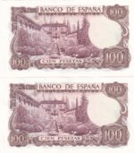 CRBS2042 BILLETE ESPAÑA PAREJA CORRELATIVA 100 PESETAS 1970 SERIE ESPECIAL 9B EBC - Imagen 2