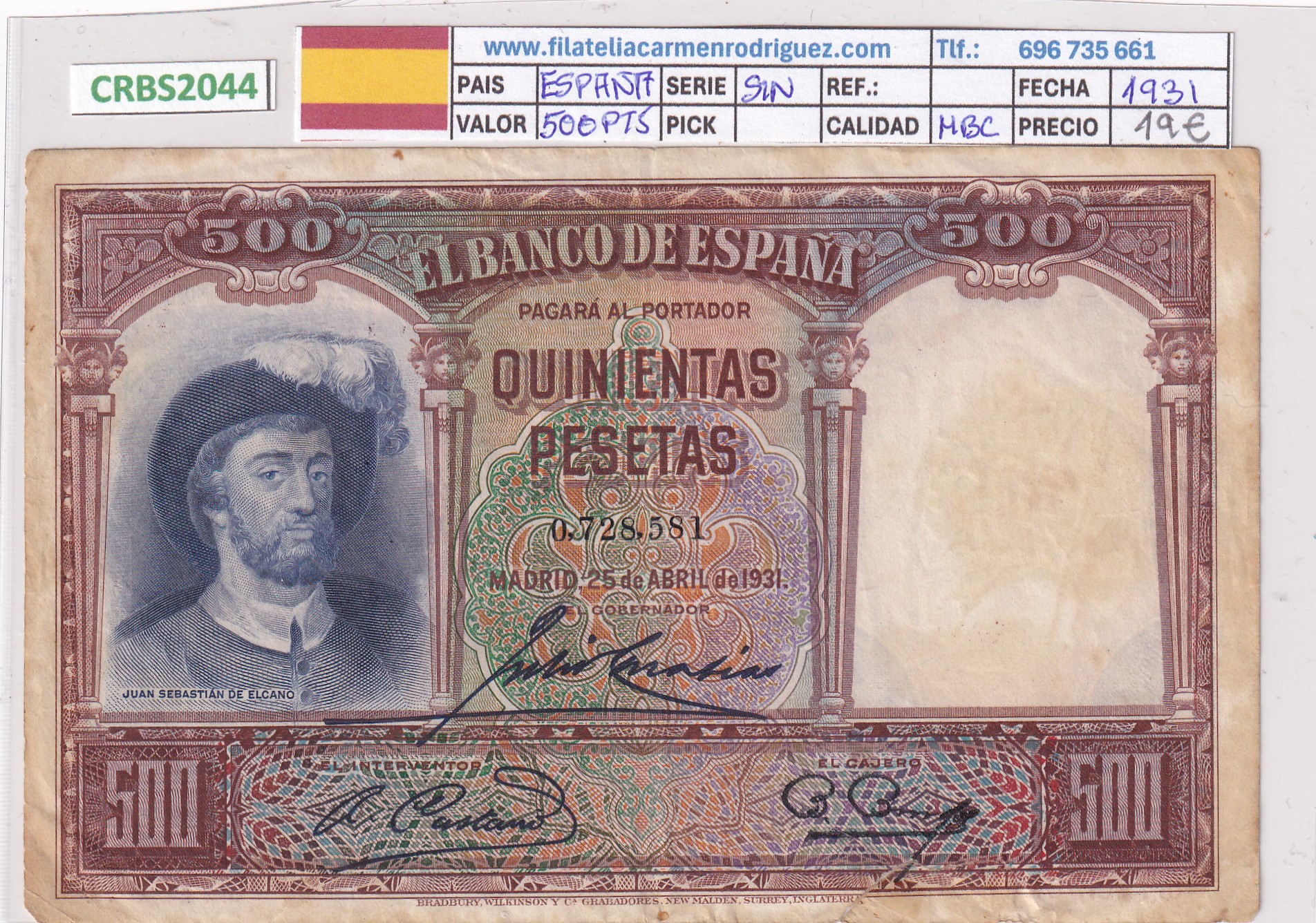 CRBS2044 CRBS2044 BILLETE ESPAÑA 500 PESETAS 1931 SIN SERIE MBC - Imagen 1