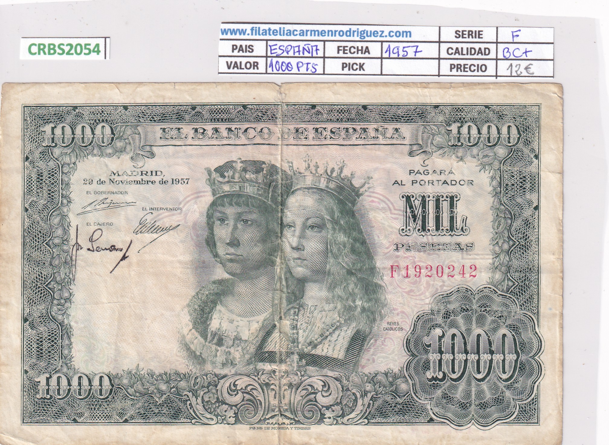 CRBS2054 CRBS2054 BILLETE ESPAÑA 1000 PESETAS 1957 SERIE F BC+ - Imagen 1