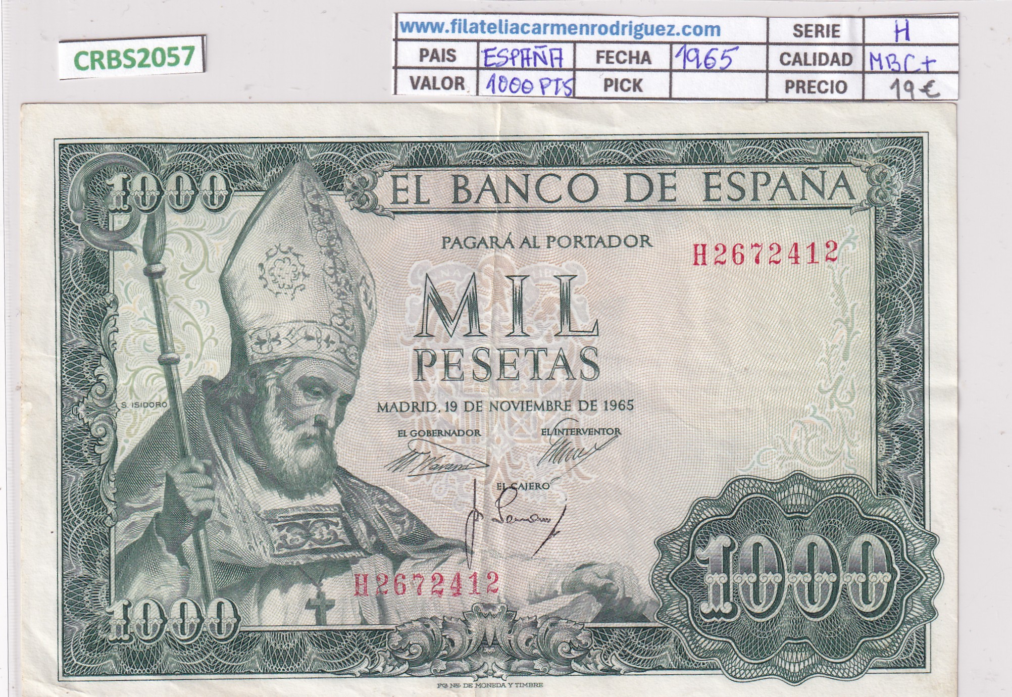 CRBS2057 CRBS2057 BILLETE ESPAÑA 1000 PESETAS 1965 SERIE H MBC+ - Imagen 1