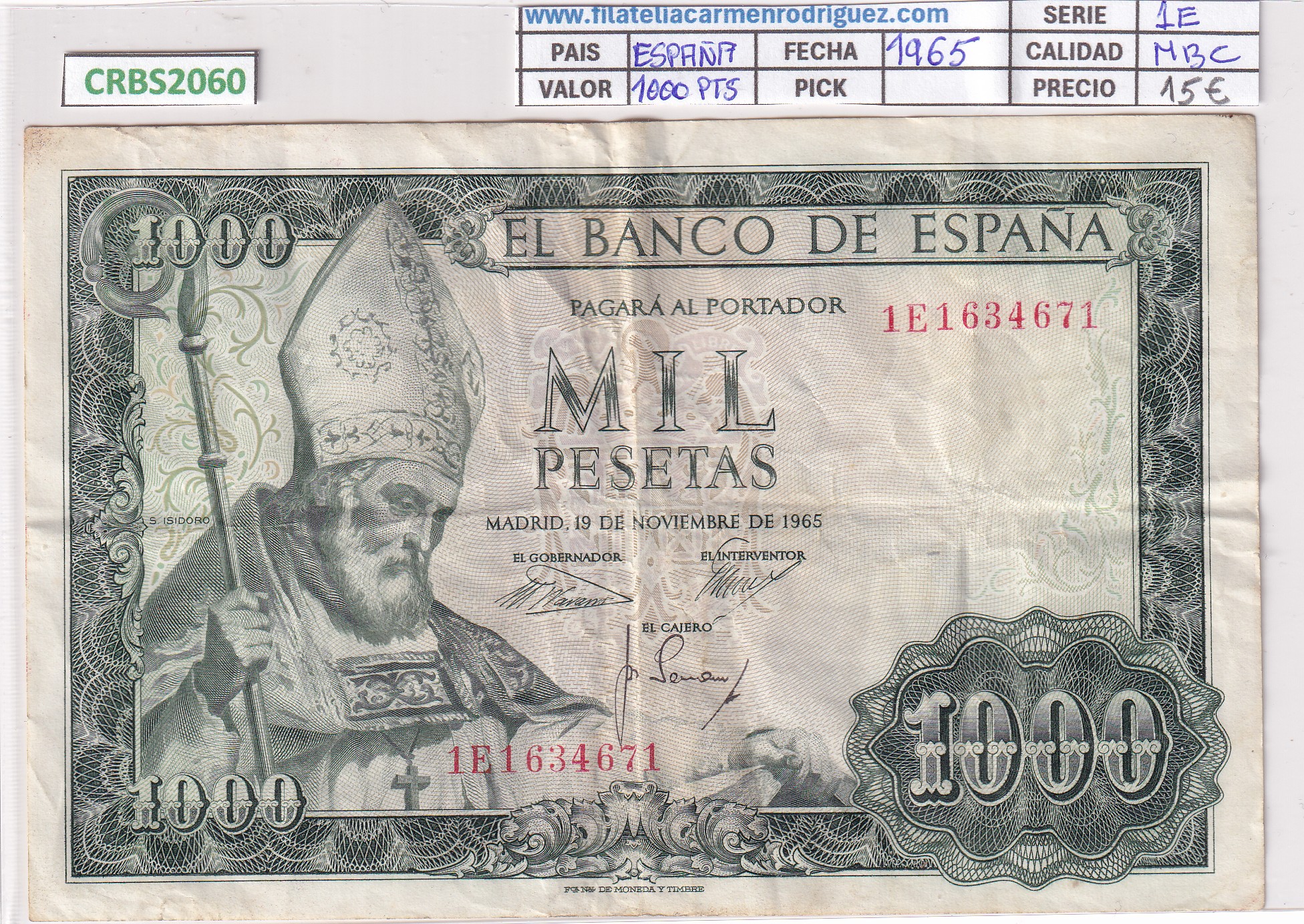 CRBS2060 CRBS2060 BILLETE ESPAÑA 1000 PESETAS 1965 SERIE 1E MBC - Imagen 1