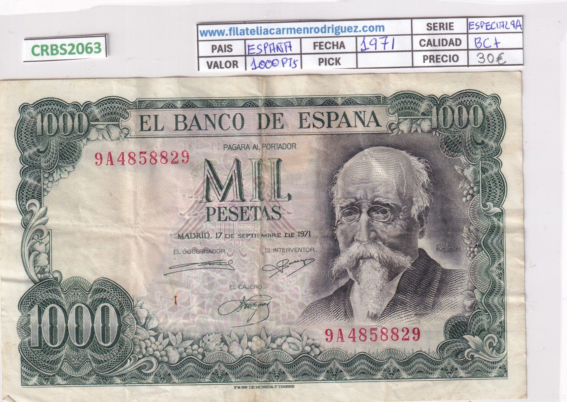 CRBS2063 CRBS2063 BILLETE ESPAÑA 1000 PESETAS 1971 SERIE ESPECIAL 9A BC+ - Imagen 1