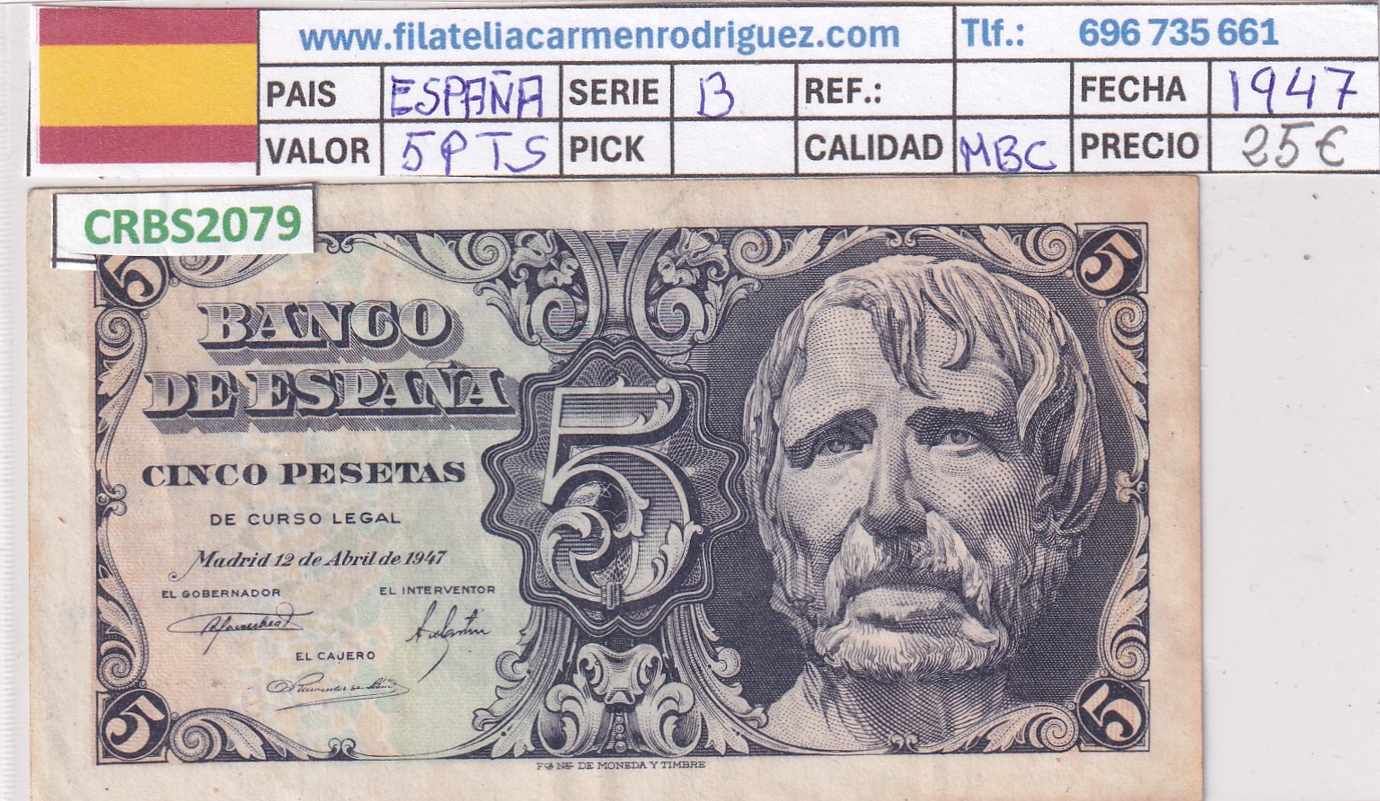 CRBS2079 CRBS2079 BILLETE 5 PESETAS 1947 SERIE B MBC - Imagen 1