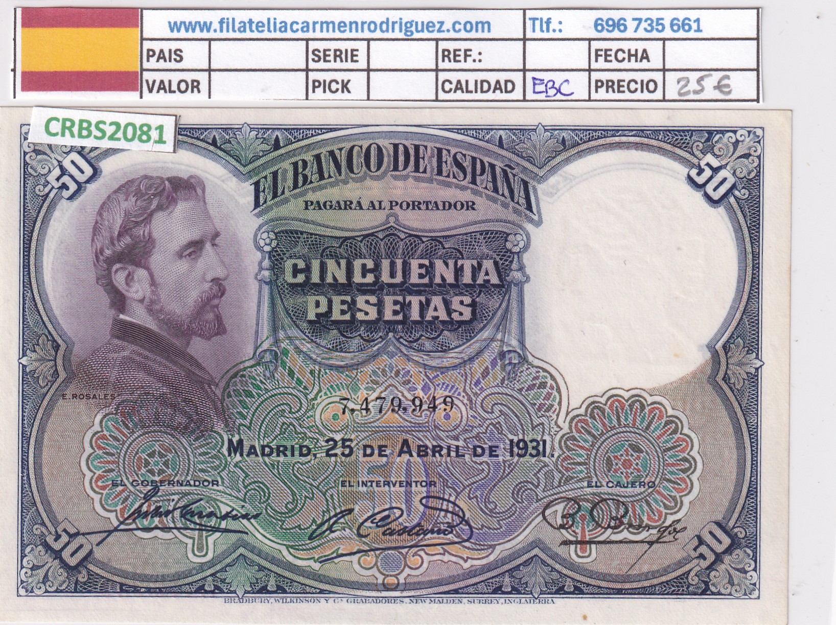 CRBS2081 CRBS2081 BILLETE ESPAÑA 50 PESETAS 1931 EBC - Imagen 1