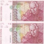 CRBS2308 PAREJA CORRELATIVA BILLETES ESPAÑA 2000 PESETAS 1995 SERIE 9D S/C-