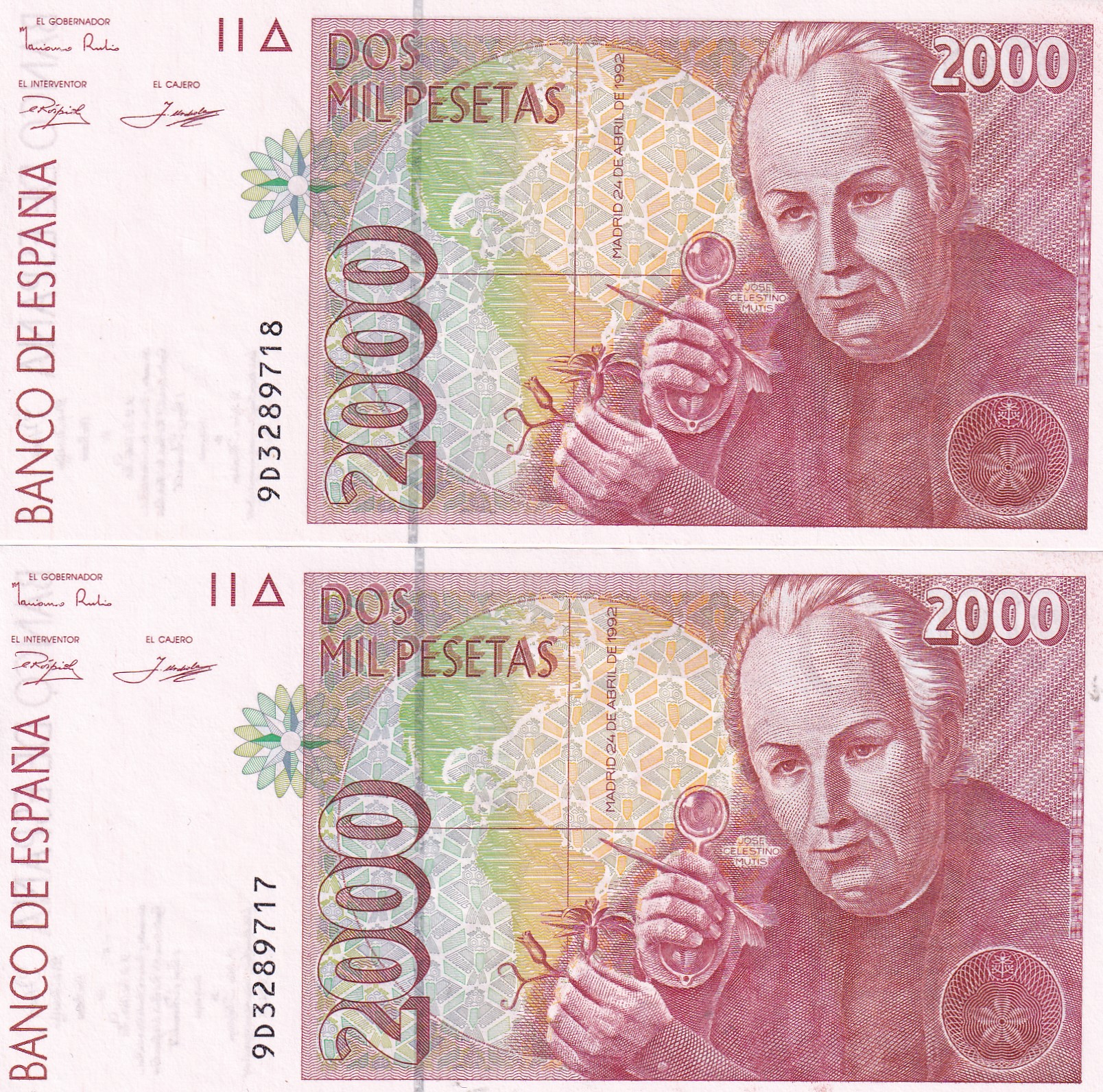 CRBS2308 CRBS2308 PAREJA CORRELATIVA BILLETES ESPAÑA 2000 PESETAS 1995 SERIE 9D S/C- - Imagen 1