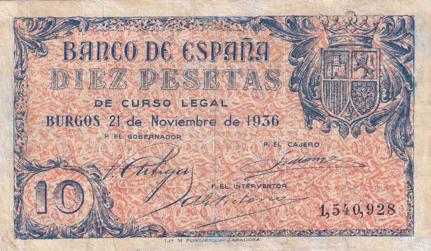 CRBS2724 CRBS2724 BILLETE ESPAÑA 10 PESETAS 1937 SIN SERIE RESTAURADO - Imagen 1