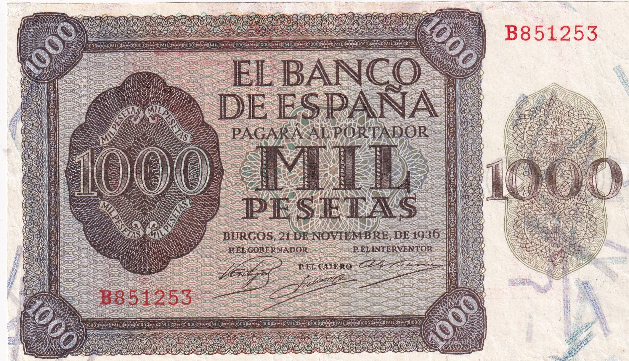 CRBS2734 CRBS2734 BILLETE ESPAÑA 1000 PESETAS 1936 SERIE B RESTAURADO - Imagen 1