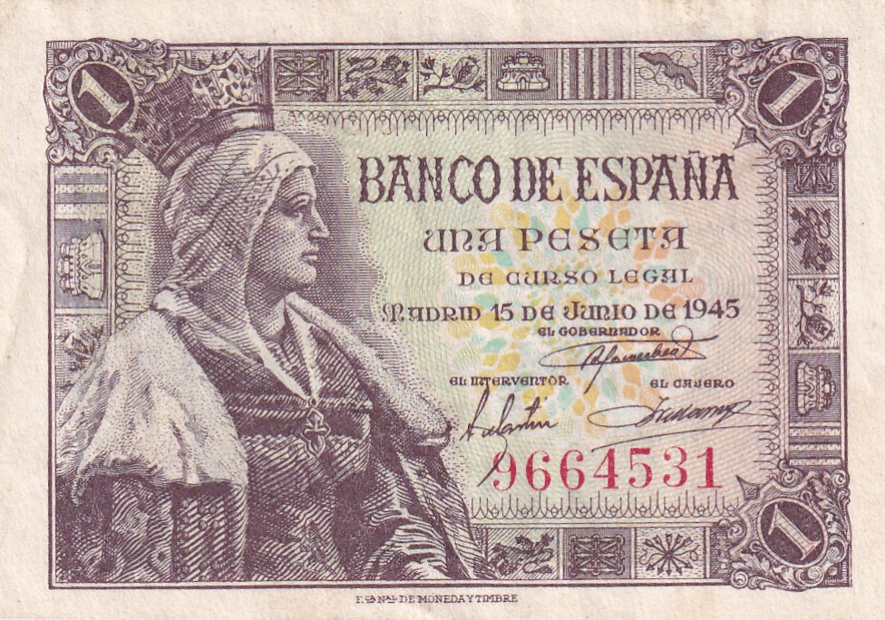 CRBS2746 CRBS2746 BILLETE ESPAÑA 1 PESETA 1945 SIN SERIE MBC+ - Imagen 1