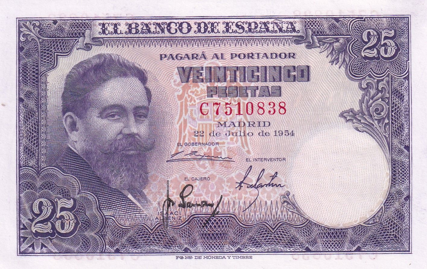 CRBS3016 CRBS3016 BILLETE ESPAÑA 25 PESETAS 1954 SERIE C SIN CIRCULAR - Imagen 1