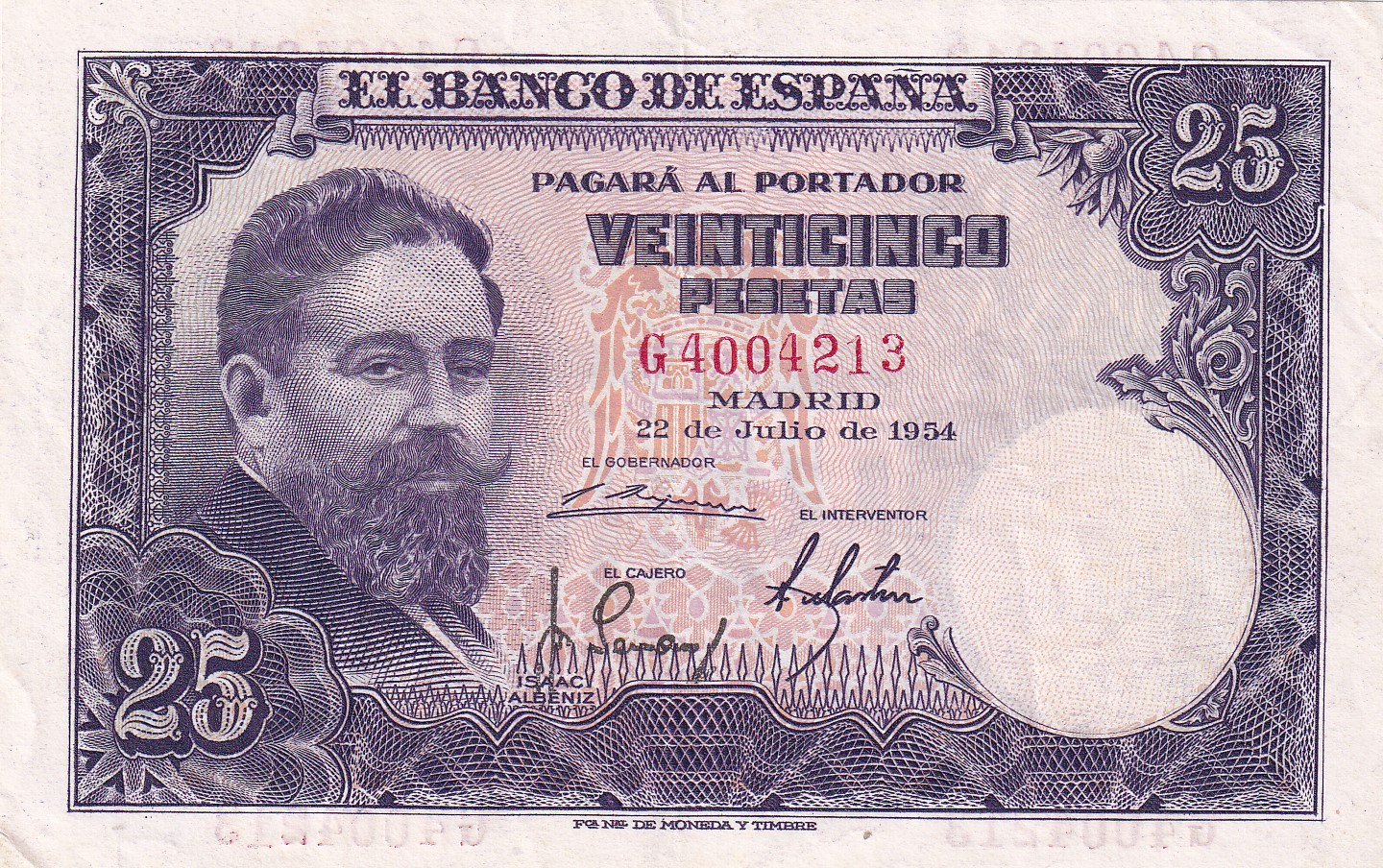 CRBS3020 CRBS3020 BILLETE ESPAÑA 25 PESETAS 1954 SERIE G EBC+ - Imagen 1