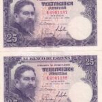 CRBS3032 PAREJA CORRELATIVA BILLETES ESPAÑA 25 PESETAS 1954 SERIE K EBC