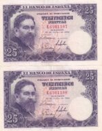 CRBS3032 PAREJA CORRELATIVA BILLETES ESPAÑA 25 PESETAS 1954 SERIE K EBC