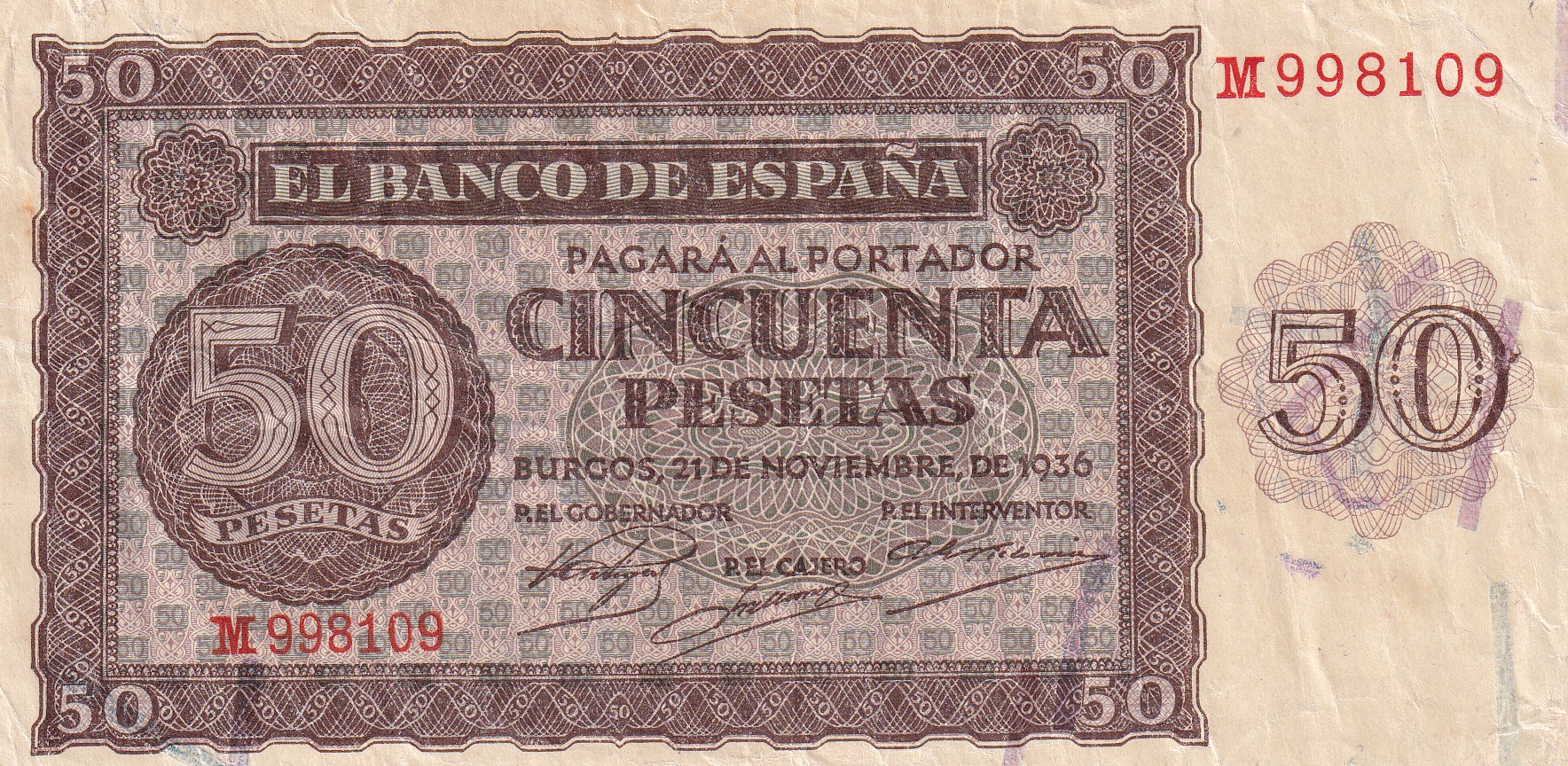CRBS3040 CRBS3040 BILLETE ESPAÑA 50 PESETAS 1936 SERIE M MBC - Imagen 1