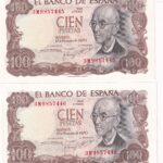 CRBS3074 PAREJA CORRELATIVA BILLETES ESPAÑA 100 PESETAS 1970 TINTA ROJA ERROR S/C