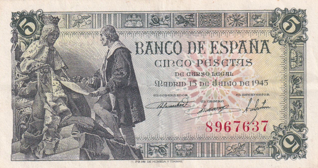 CRBS3318 CRBS3318 BILLETE ESPAÑA 5 PESETAS 1945 SIN SERIE MBC+ - Imagen 1