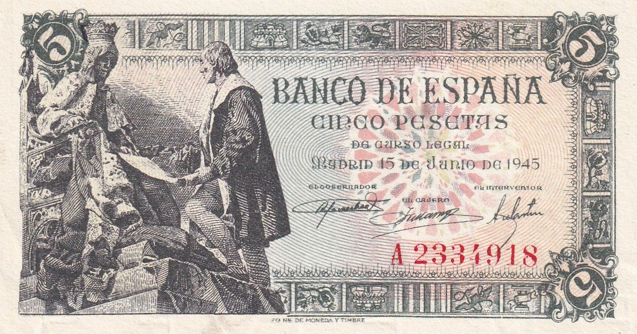 CRBS3319 CRBS3319 BILLETE ESPAÑA 5 PESETAS 1945 SERIE A EBC - Imagen 1