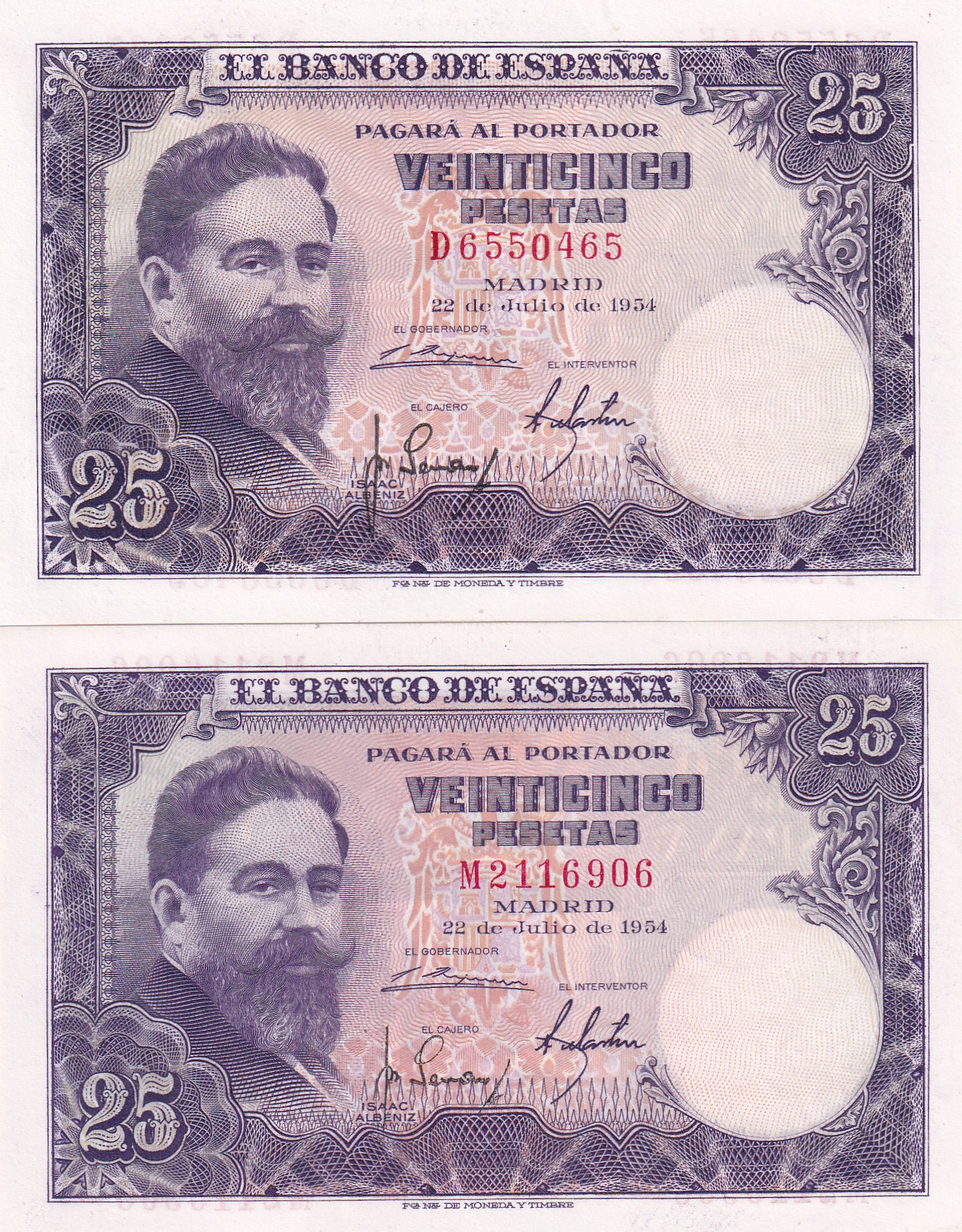 CRBS3327 CRBS3327 LOTE DE 2 BILLETES ESPAÑA 25 PESETAS 1954 SERIES D-M S/C- - Imagen 1