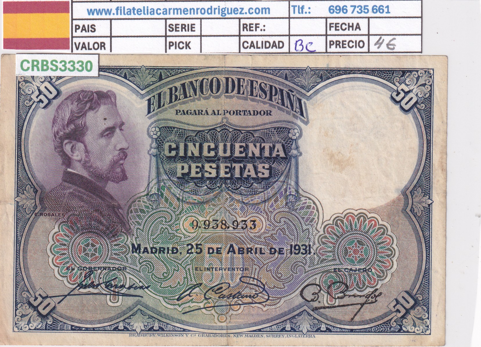 CRBS3330 CRBS3330 BILLETE ESPAÑA 50 PESETAS 1931 BC - Imagen 1