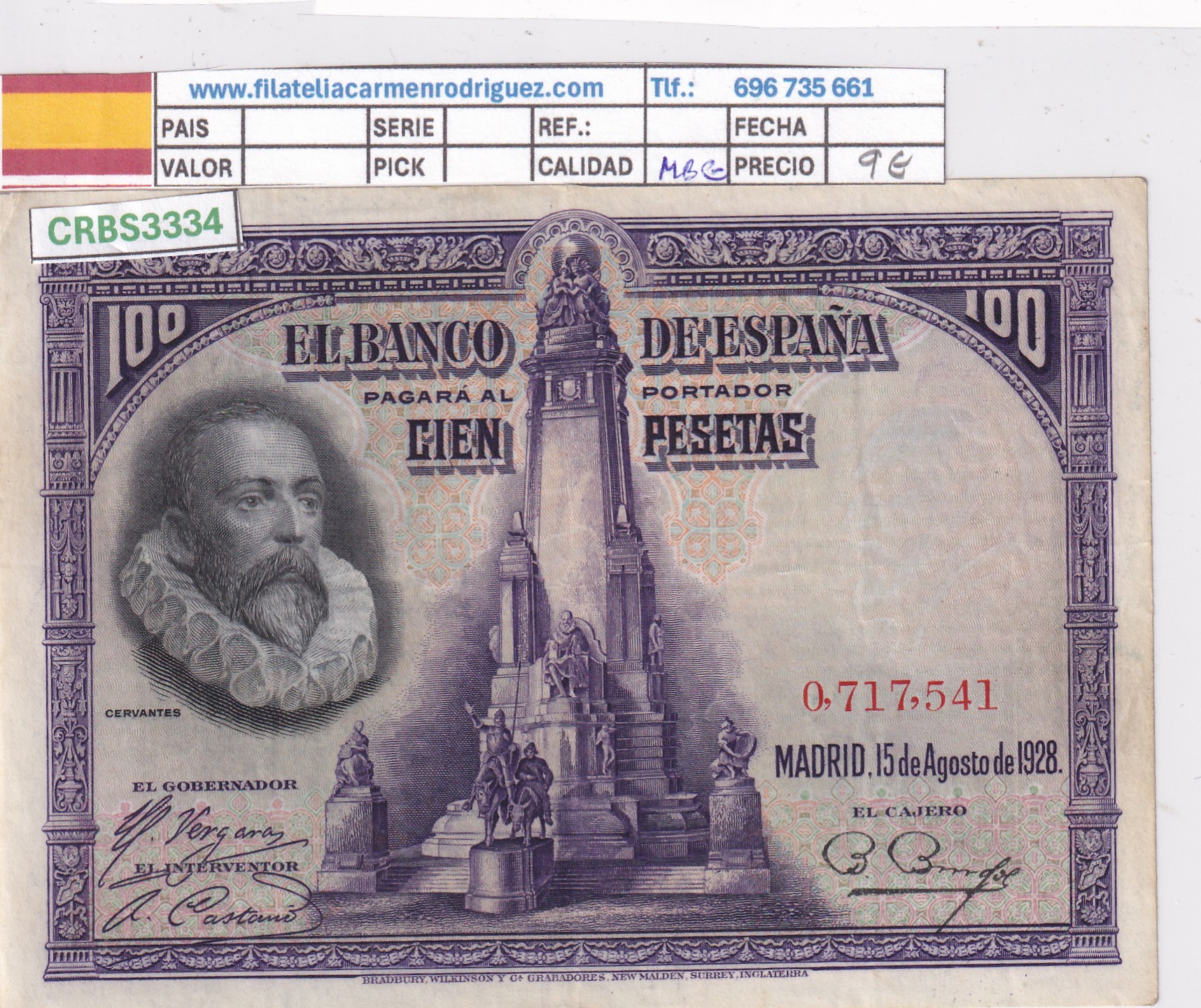 CRBS3334 CRBS3334 BILLETE ESPAÑA 100 PESETAS 1928 MBC- - Imagen 1