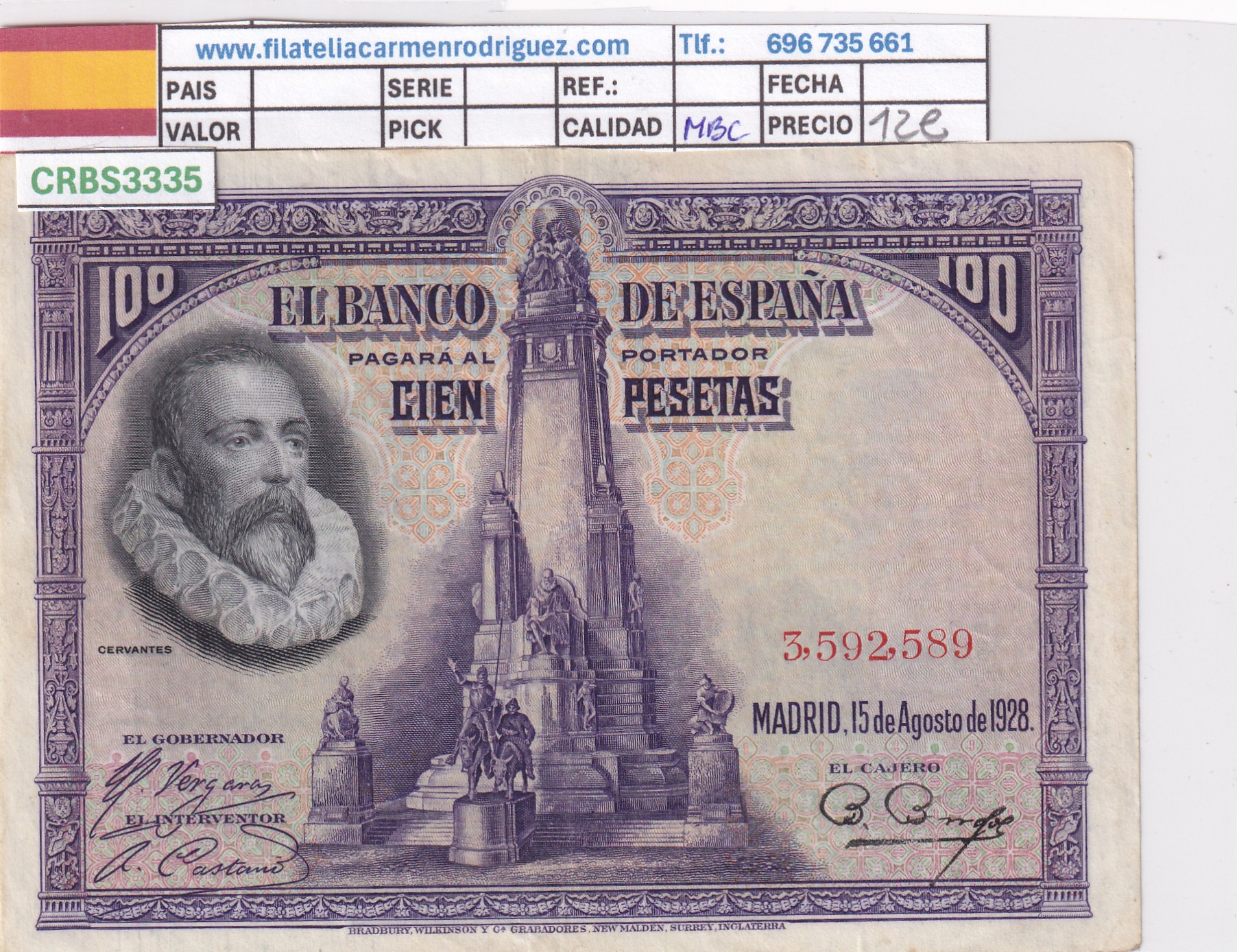 CRBS3335 CRBS3335 BILLETE ESPAÑA 100 PESETAS 1928 MBC - Imagen 1