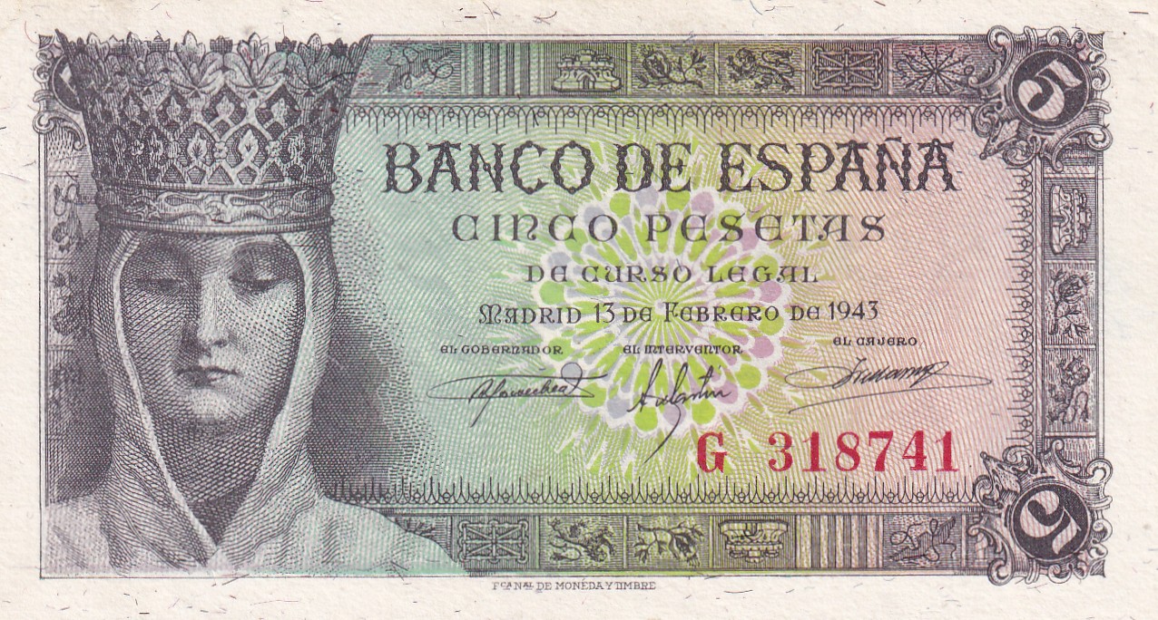 CRBS3342 CRBS3342 BILLETE ESPAÑA 5 PESETAS 1943 SERIE G S/C- - Imagen 1